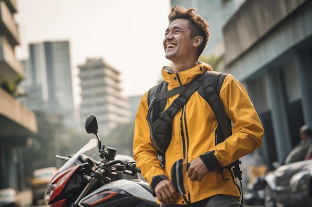 uomo che ride con i capelli lunghi che indossa abbigliamento da moto e casco rosso e nero AI Generato