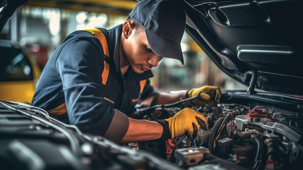 Uomo che ripara il motore dell'auto