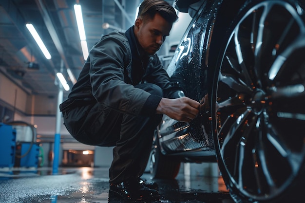 Uomo che ripara l'auto in una stanza luminosa