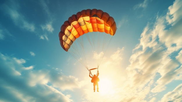 Uomo che salta con un paracadute e paracadutismo Bella illustrazione Generativa AI