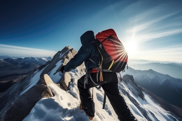 Uomo che scala le montagne invernali AI