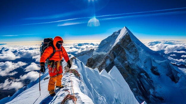 uomo che scala una cima di montagna