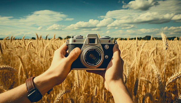 Uomo che scatta foto con una macchina fotografica vintage su un campo