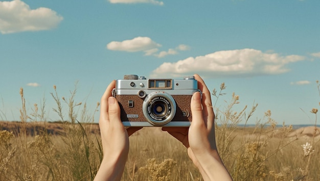 Uomo che scatta foto con una macchina fotografica vintage su un campo