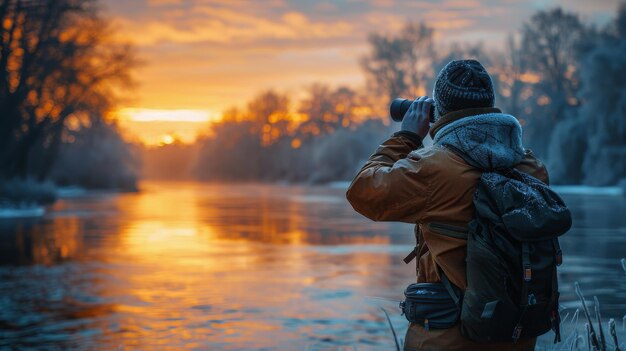 Uomo che scatta una foto vicino al fiume