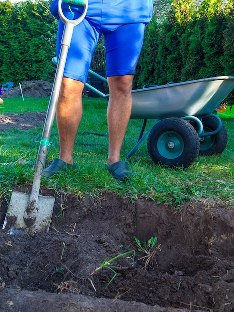 Uomo che scava un giardino per nuove piante e carriola in giardino