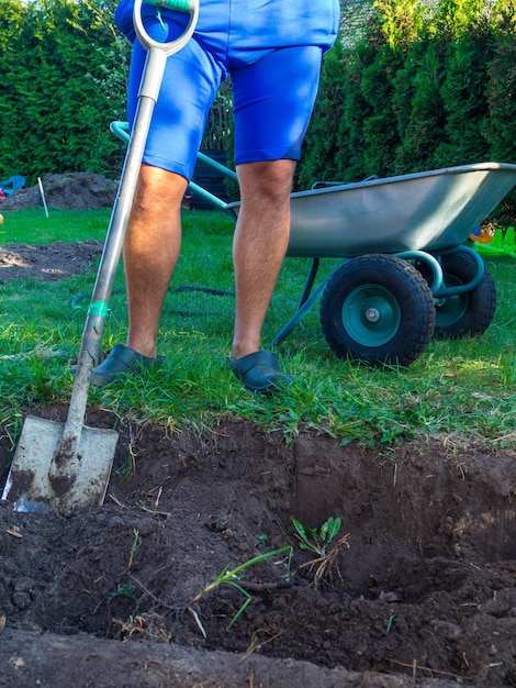 Uomo che scava un giardino per nuove piante e carriola in giardino