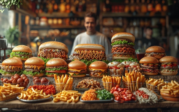 Uomo che sceglie il miglior hamburger tra un tavolo pieno di cibo spazzatura al ristorante rendering 3D
