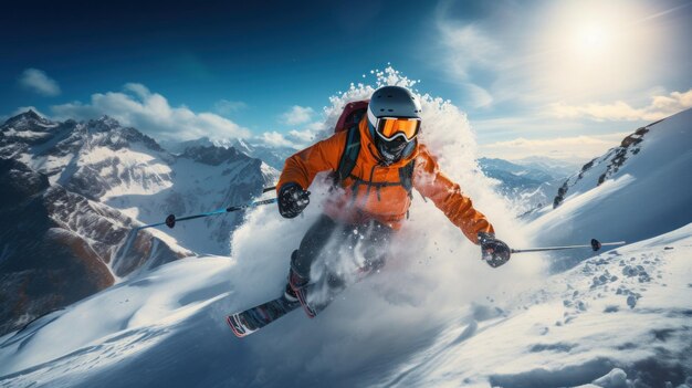 Uomo che sciò giù per una montagna innevata