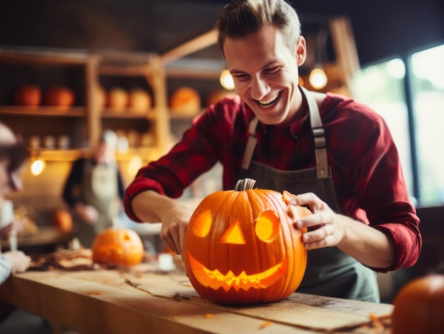 Uomo che scolpisce un sinistro jack o lantern