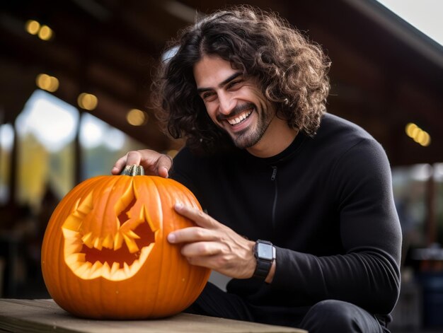 Uomo che scolpisce un sinistro jack o lantern