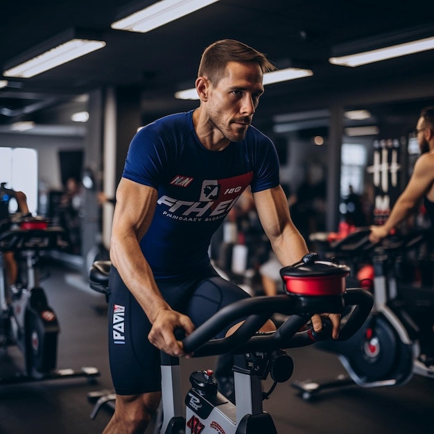 Uomo che si allena con la bicicletta da ginnastica in una palestra