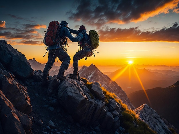 Uomo che si arrampica con un altro uomo che aiuta