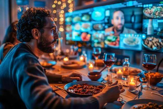 Uomo che si diverte a cena mentre fa videochiama in mezzo a luci e decorazioni festive