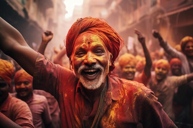 uomo che si diverte al festival dei colori in India