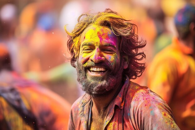 uomo che si diverte al festival dei colori in India