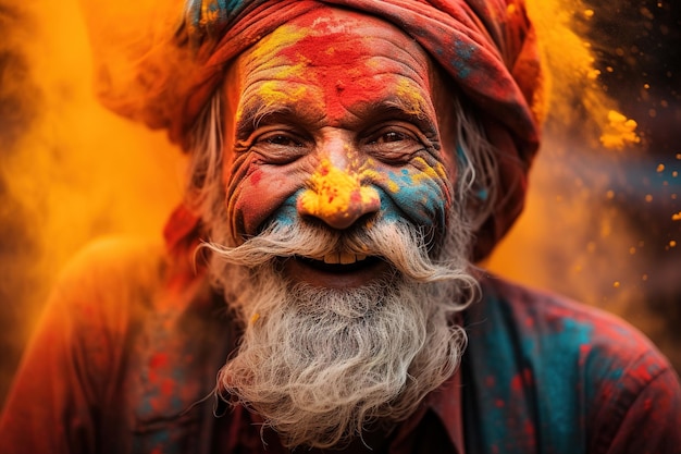 uomo che si diverte al festival dei colori in India