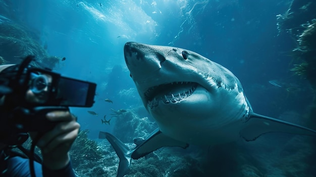 Uomo che si fa un selfie con uno squalo Copia lo spazio per l'immagine di testo di persone e animali