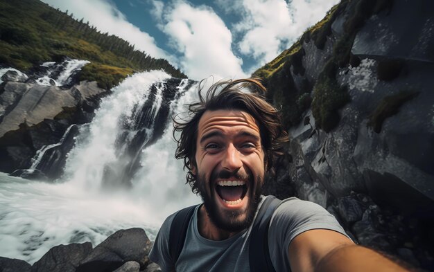 uomo che si fa un selfie davanti alla cascata