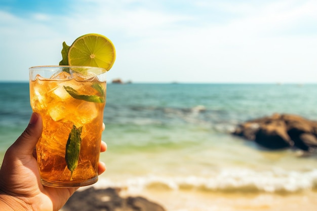 Uomo che si gode il tè ghiacciato di Long Island sulla spiaggia del paradiso durante un soleggiato giorno estivo di ondata di calore con spazio per la copia