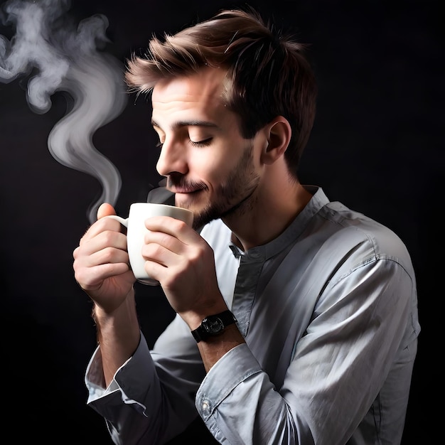 Uomo che si gode un caffè mattutino aromatico su uno sfondo nero