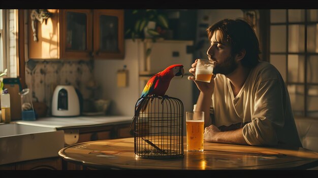 Uomo che si gode un momento di tranquillità con il suo pappagallo domestico in una cucina accogliente scena di stile di vita domestico intimo ambiente rilassato al tramonto catturato AI