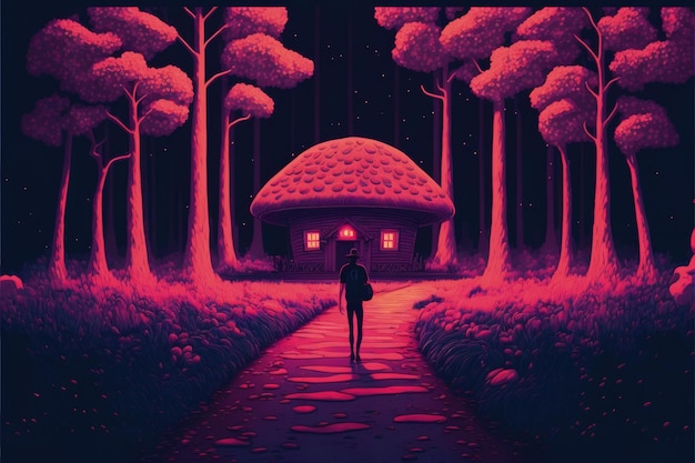 Uomo che si muove verso la casa dei funghi bioluminescenti nella foresta mistica Concetto di fantasia Illustrazione pittura IA generativa
