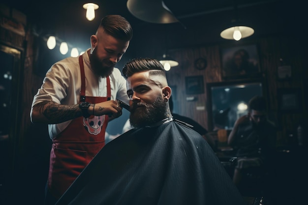 Uomo che si taglia i capelli in un barbiere Foto giovane uomo barbuto seduto a tagliarsi i capelli in barbiere