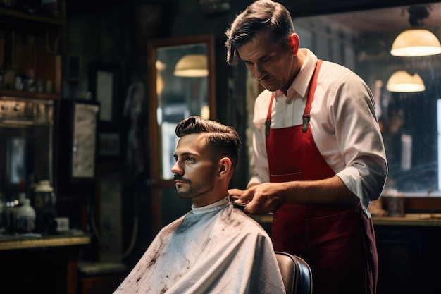 Uomo che si taglia i capelli in un barbiere Foto giovane uomo barbuto seduto a tagliarsi i capelli in barbiere