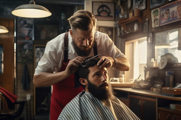 Uomo che si taglia i capelli in un barbiere Foto giovane uomo barbuto seduto a tagliarsi i capelli in barbiere