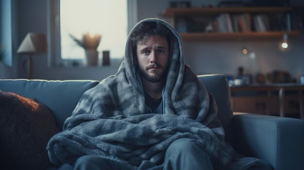 Uomo che soffre di un comune raffreddore e influenza o allergia si siede a casa avvolto in una coperta sanitaria AI