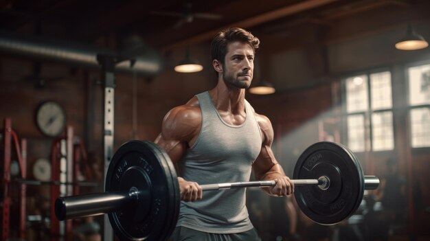 Uomo che solleva un barbell in palestra