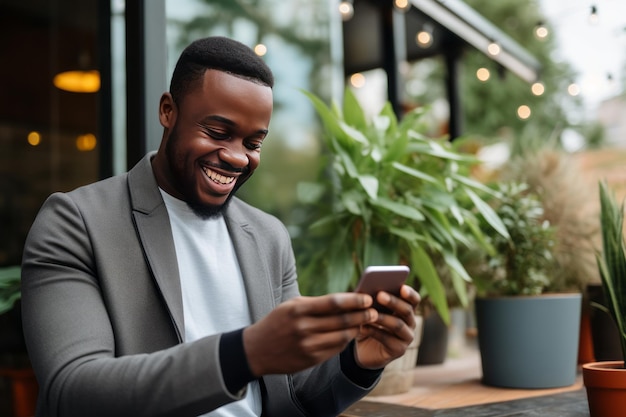 Uomo che sorride e utilizza il cellulare per il pagamento online