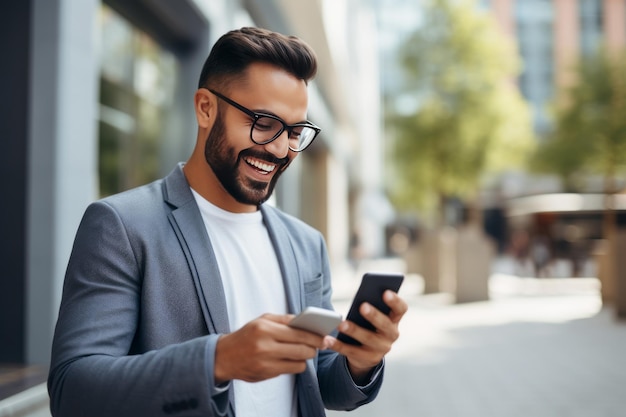 Uomo che sorride e utilizza il cellulare per il pagamento online