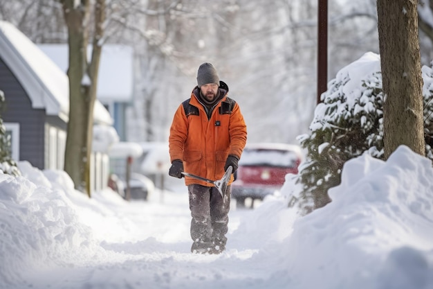 Uomo che spazza la neve dalla sua strada