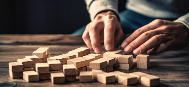 Uomo che spinge via i blocchi del domino