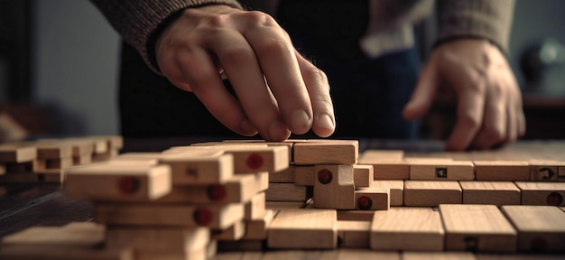 Uomo che spinge via i blocchi del domino