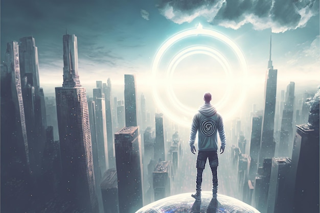 Uomo che sta vicino al gigantesco anello mistico Uomo nella città distopica in piedi su un edificio che guarda i cerchi di luce lontani Pittura di illustrazione in stile arte digitale