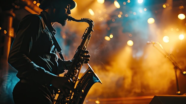 Uomo che suona il sassofono sul palco Esecuzione energica di musica jazz