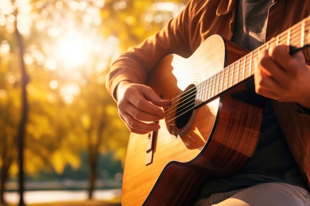 Uomo che suona la chitarra acustica nel parco in autunno