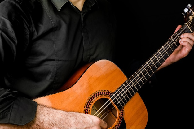 Uomo che suona la chitarra acustica su sfondo nero