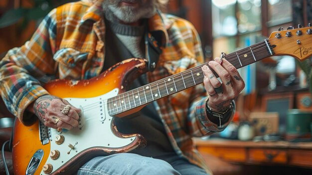 Uomo che suona la chitarra elettrica in uno studio musicale Closeup di mani maschili che suonano la chitarre