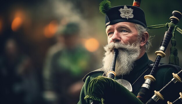 Uomo che suona uno strumento musicale a fiato concetto StPatrick's Day