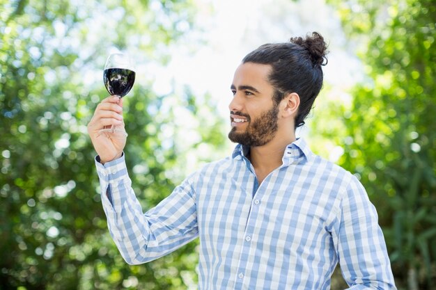 Uomo che tiene bicchiere di vino nel parco