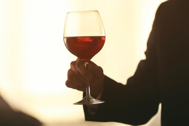 Uomo che tiene il bicchiere di vino su sfondo sfocato