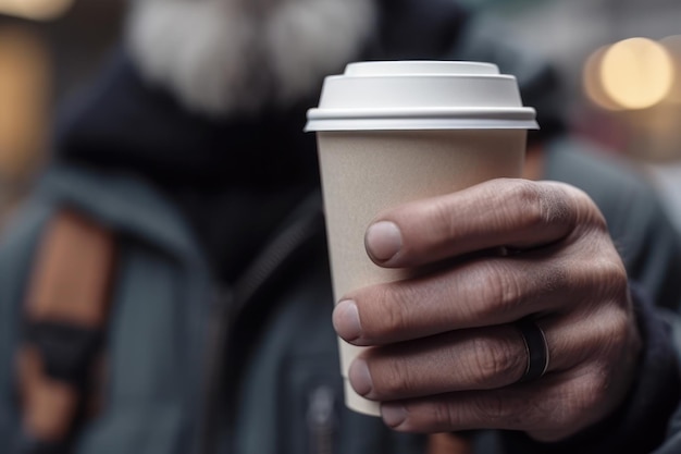 Uomo che tiene il caffè del mattino in un bicchiere ai generativo