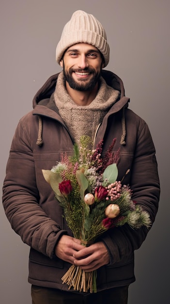 Uomo che tiene il fiorista del mazzo di fiori in inverno