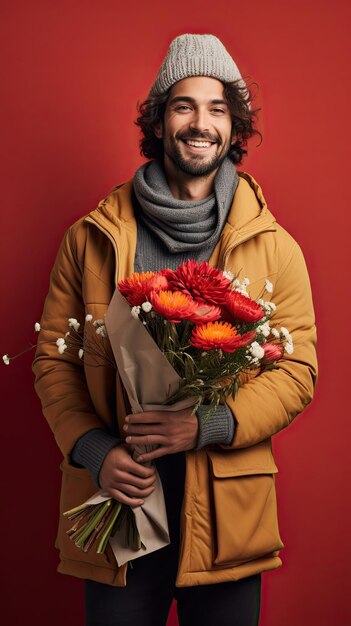 Uomo che tiene il fiorista del mazzo di fiori in inverno