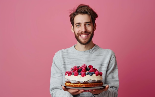 uomo che tiene la torta di compleanno su uno sfondo di colore solido concept di panetteria o di buon compleanno spazio per il testo
