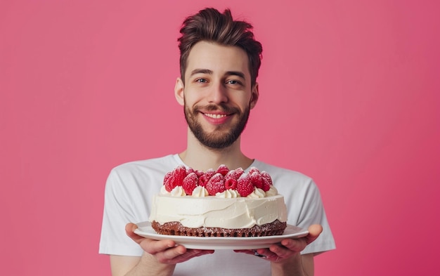 uomo che tiene la torta di compleanno su uno sfondo di colore solido concept di panetteria o di buon compleanno spazio per il testo